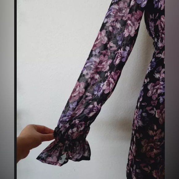 Anthropologie Floral Black and Purple Chiffon Boho Mini Dress Size Large. EUC. - Picture 6 of 6